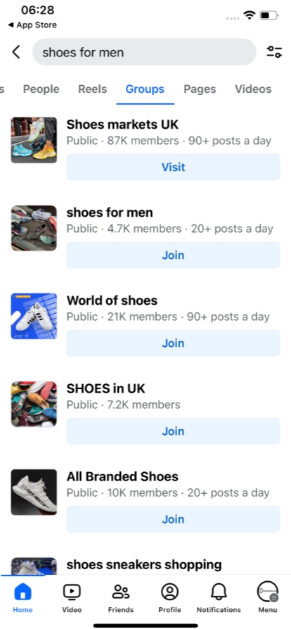 在Facebook搜shoes for men切到小组,看到Shoes markets UK等公开鞋类小组和成员数