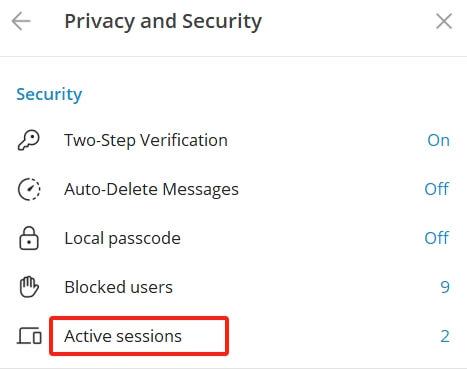Telegram隐私与安全设置里两步验证已开启,下面是登录设备Active sessions