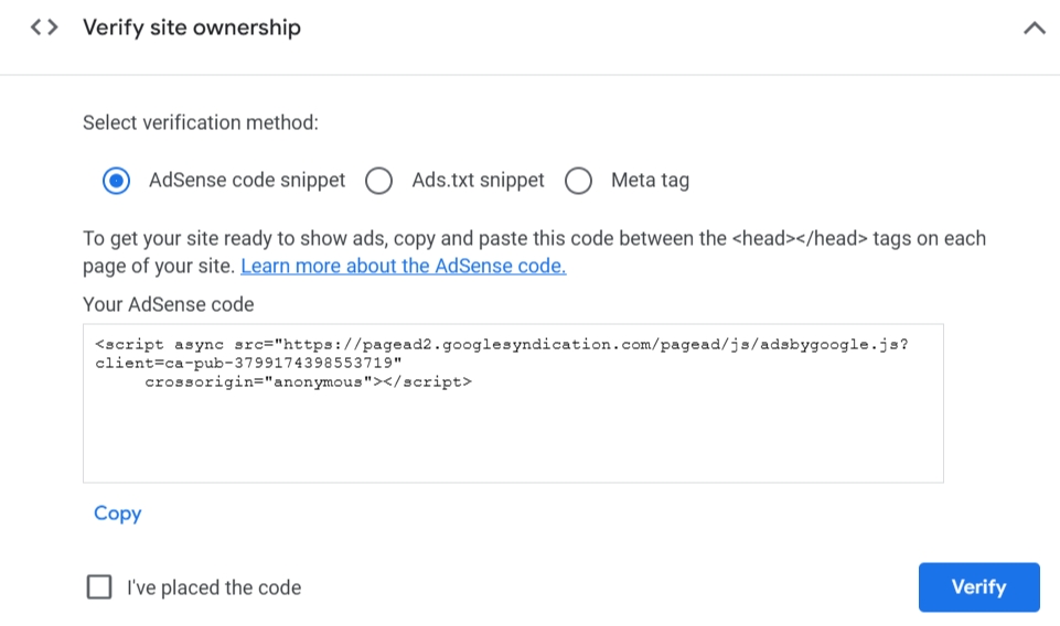 AdSense验证网站所有权:AdSense code snippet、Ads.txt snippet、Meta tag三选一