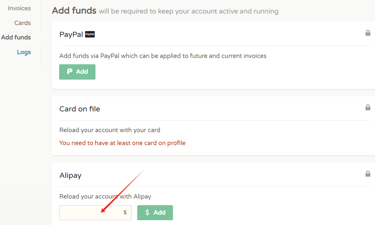 CloudCone后台Add funds充值页:PayPal、Card on file已绑定的卡、Alipay支付宝三种充值方式