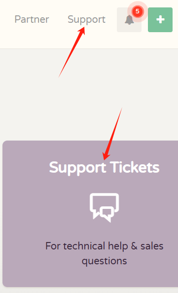 CloudCone后台右上角Support菜单里的Support Tickets工单入口