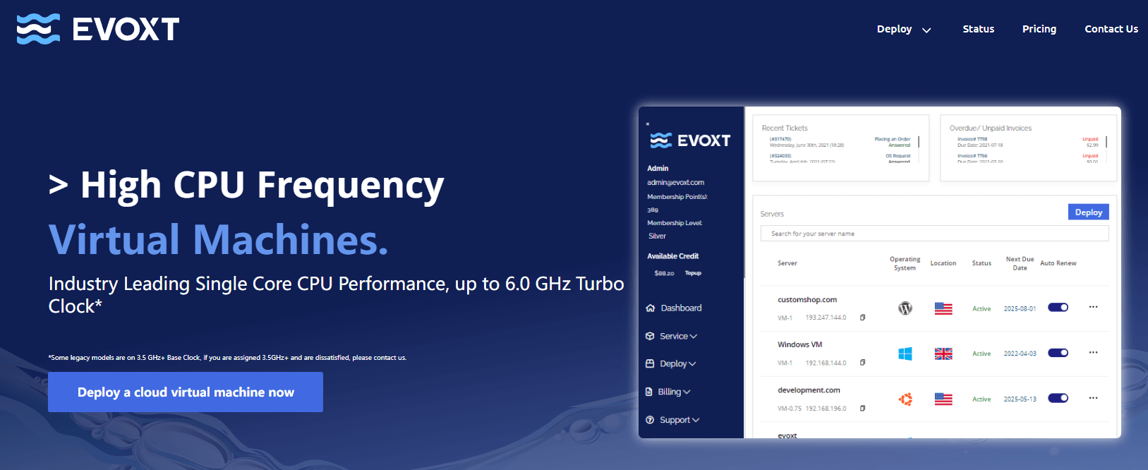 Evoxt官网首页首屏:高主频云服务器,单核最高6.0GHz,部分老机型是3.5GHz以上基础频率