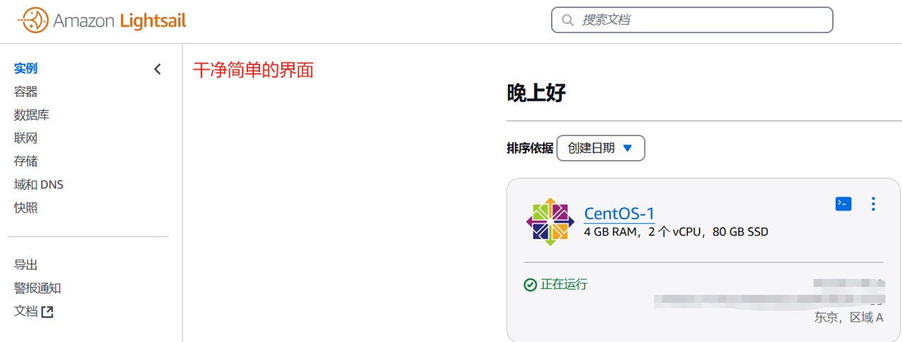 Lightsail中文控制台首页,左侧是实例、容器、数据库、联网、存储、域和DNS、快照,右侧一台东京区4GB实例正在运行