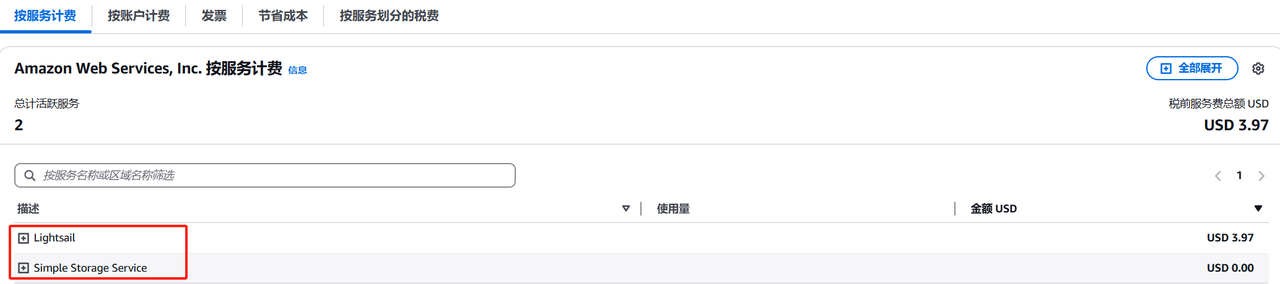 AWS账单按服务计费页面,Lightsail一项3.97美元,Simple Storage Service一项0美元