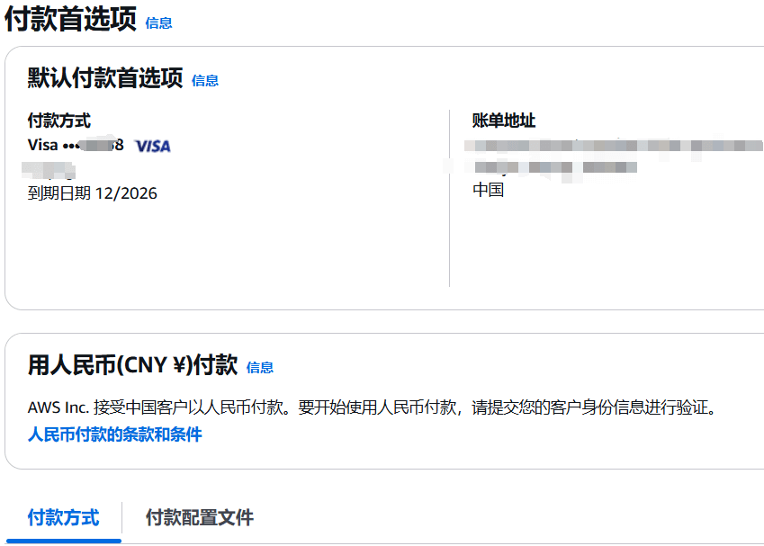 AWS账单控制台付款首选项页面:默认付款方式是一张Visa卡,下方有用人民币付款的选项