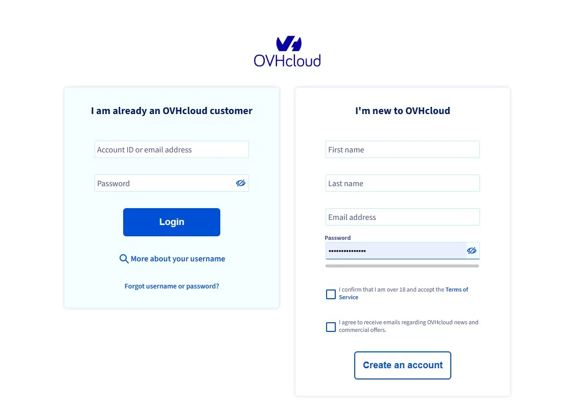 OVHcloud登录页:左边老客户用账户ID或邮箱登录,右边I'm new to OVHcloud填姓名、邮箱、密码后点Create an account