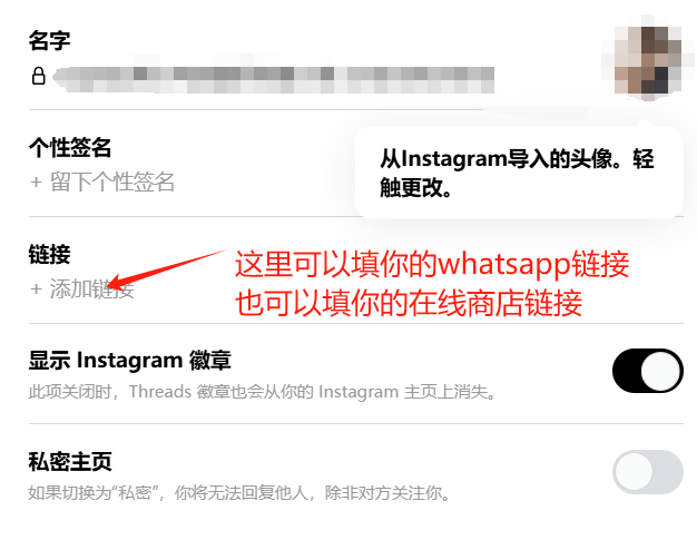 Threads编辑主页:名字、个性签名、链接、显示Instagram徽章、私密主页