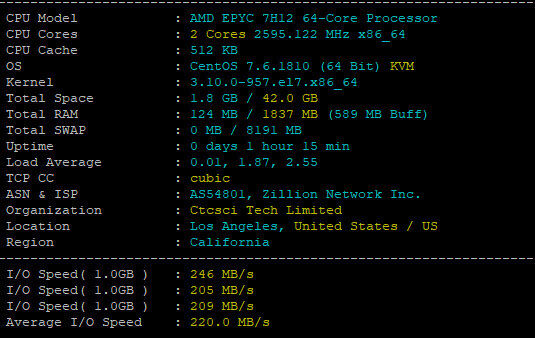 LightLayer洛杉矶2核2G机器跑分:AMD EPYC 7H12,硬盘I/O三次246、205、209MB/s,平均220.0MB/s