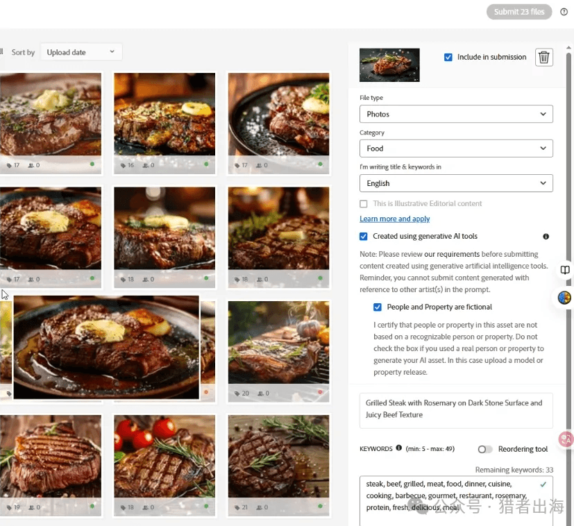 Adobe Stock上传页：File type选Photos，Category选Food，勾选Created using generative AI tools和People and Property are fictional，填写标题和关键词