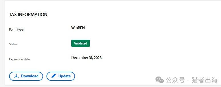 Adobe Stock投稿人帐户TAX INFORMATION：Form type W-8BEN，Status Validated，Expiration date December 31, 2028