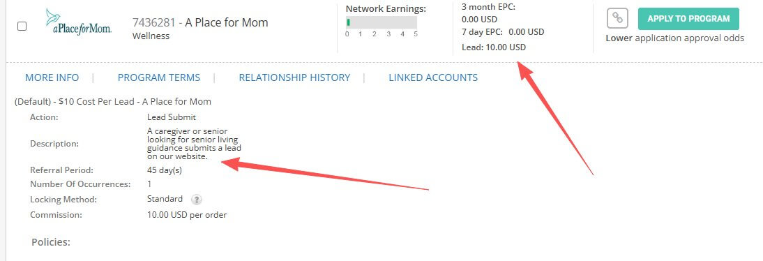 CJ后台A Place for Mom计划:10美金每条线索,动作Lead Submit,Referral Period 45天
