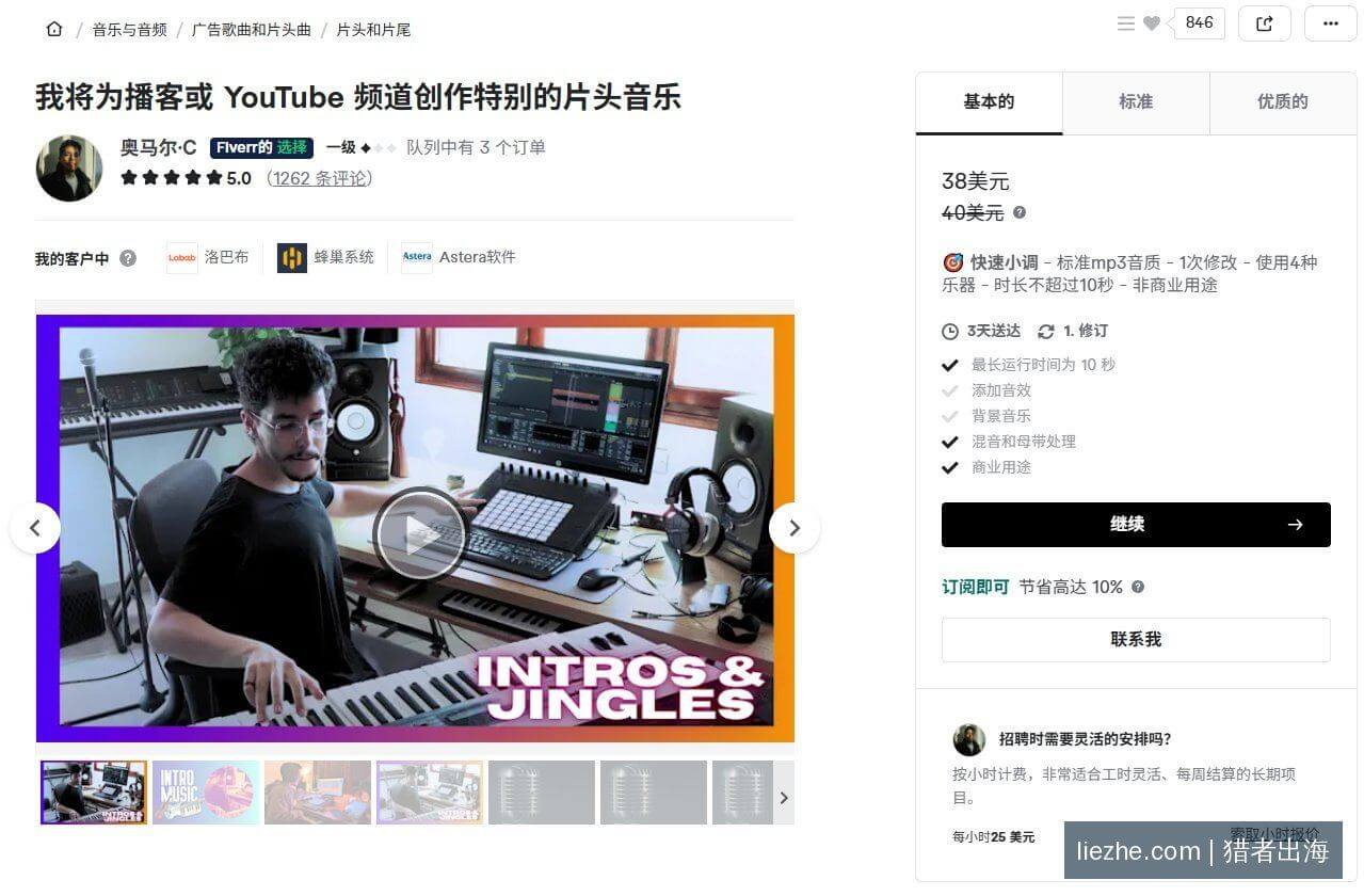 Fiverr播客片头音乐Gig详情页报价示例 - 秒出海