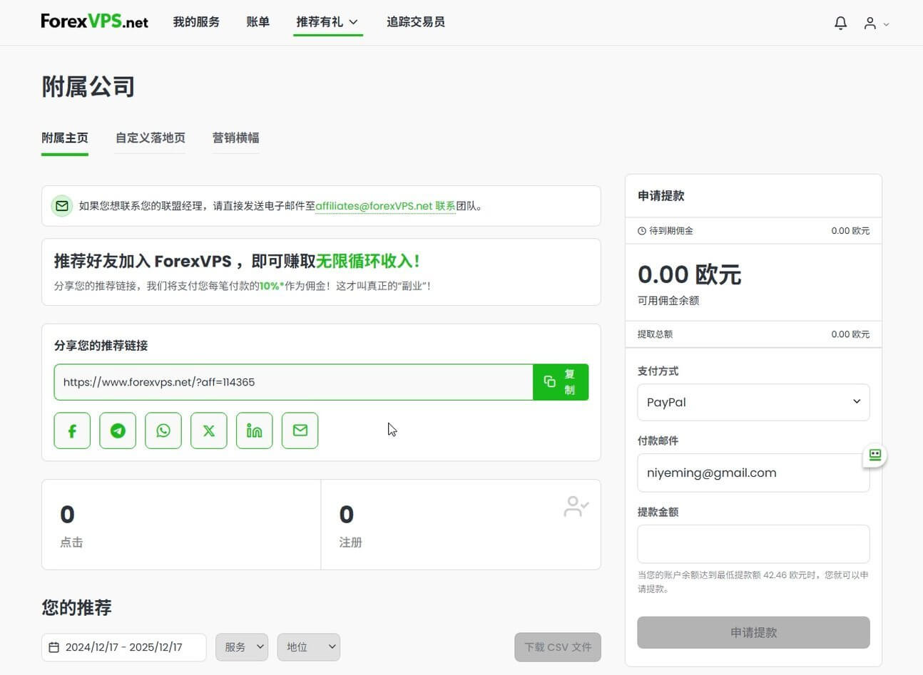 ForexVPS联盟营销后台界面:推广链接和数据展示