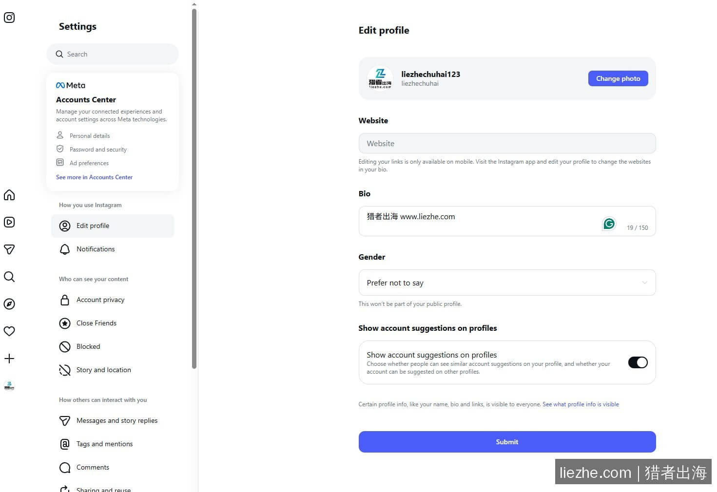 Instagram网页版编辑主页:网站一栏提示只能在手机App里改