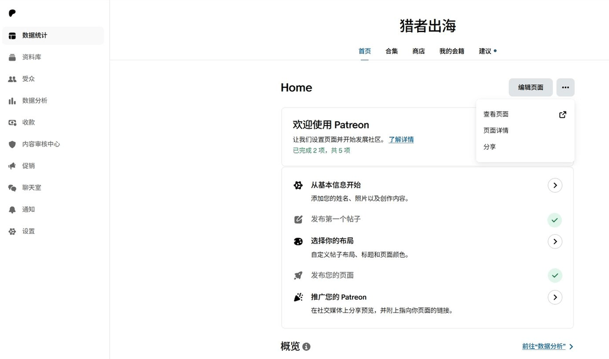 秒出海Patreon后台管理界面截图