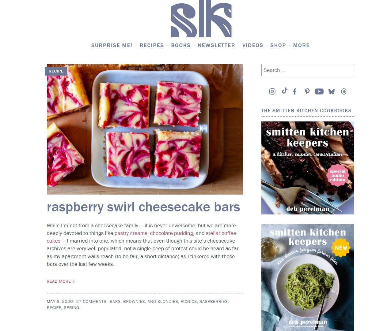 smittenkitchen.com首页截图,展示食谱博客整体调性