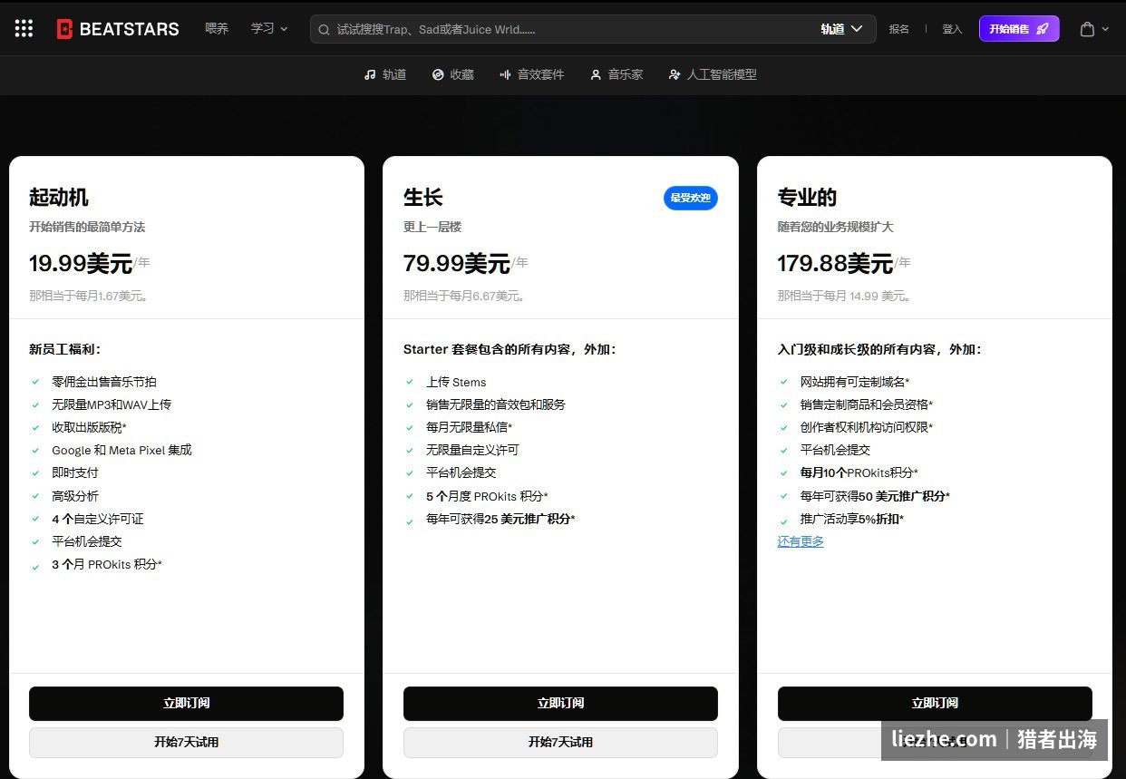 Beatstars三档会员套餐真实价格：起动机、生长、专业版年费对比