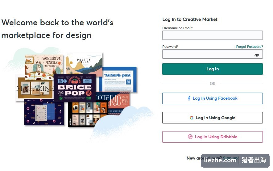 Creative Market登录注册页面,支持邮箱、Google、Dribbble登录