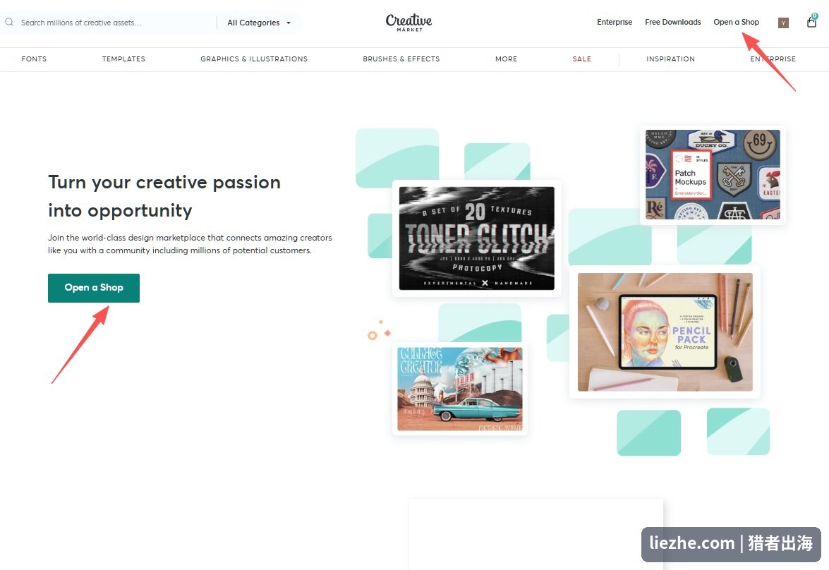 Creative Market开店入口Open a Shop页面,把创意变成机会