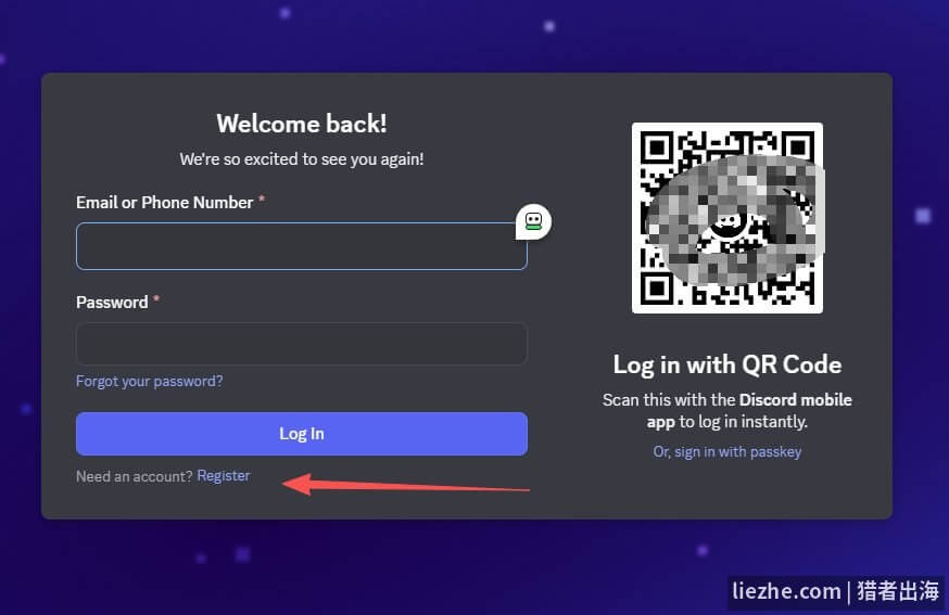 Discord注册登录页面,点击Register注册账号