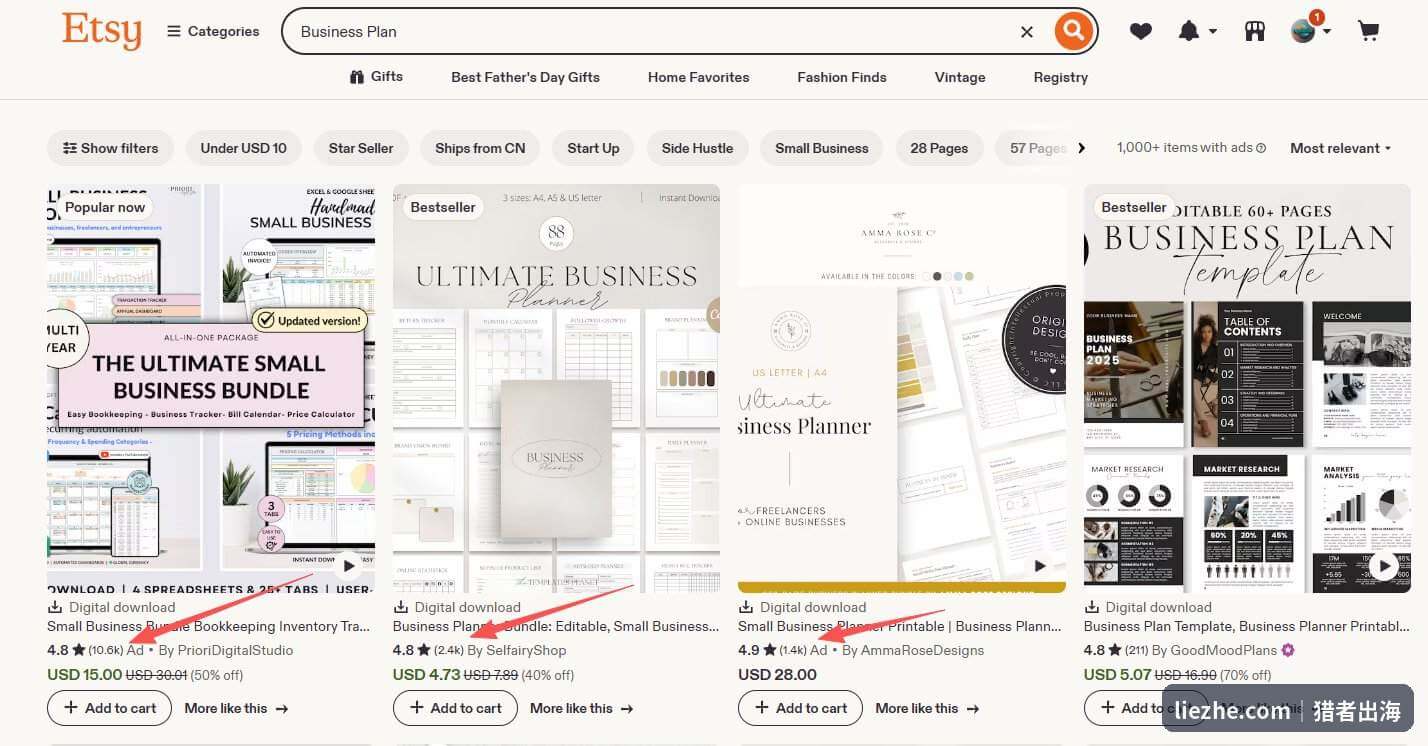 Etsy搜索Business Plan的数字产品列表，多个商业计划书模板标注畅销和上万条评价