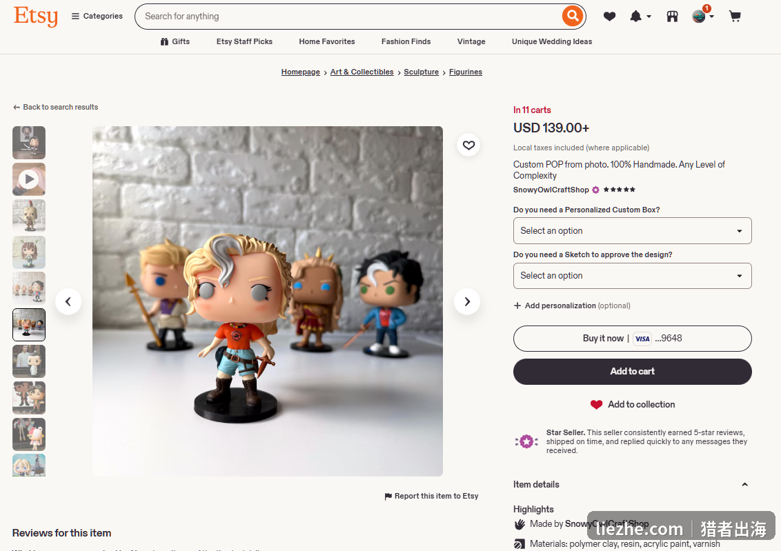 Etsy定制POP手办商品页 Etsy上根据照片定制的POP风格3D手办,139美金起,五星好评店铺