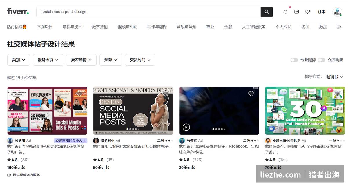 Fiverr社交媒体帖子设计服务价格20到160美金,有整月打包套餐