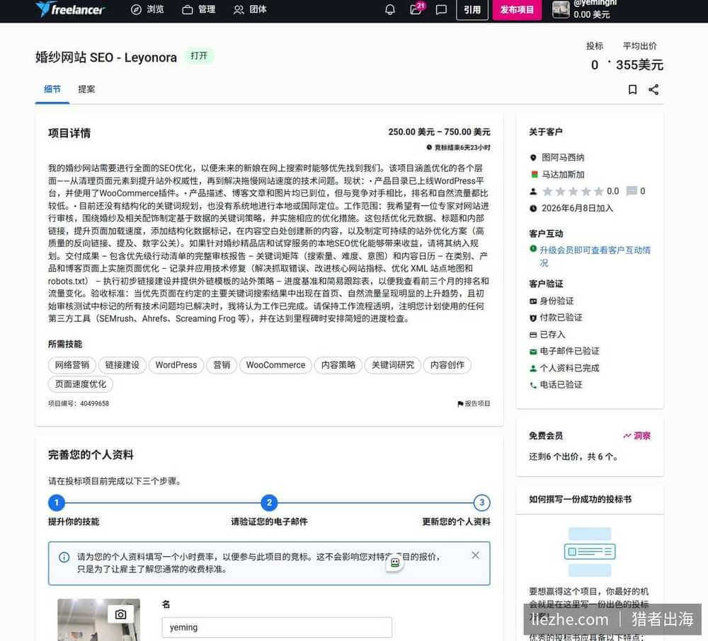 Freelancer.com项目详情页，查看需求并撰写投标书