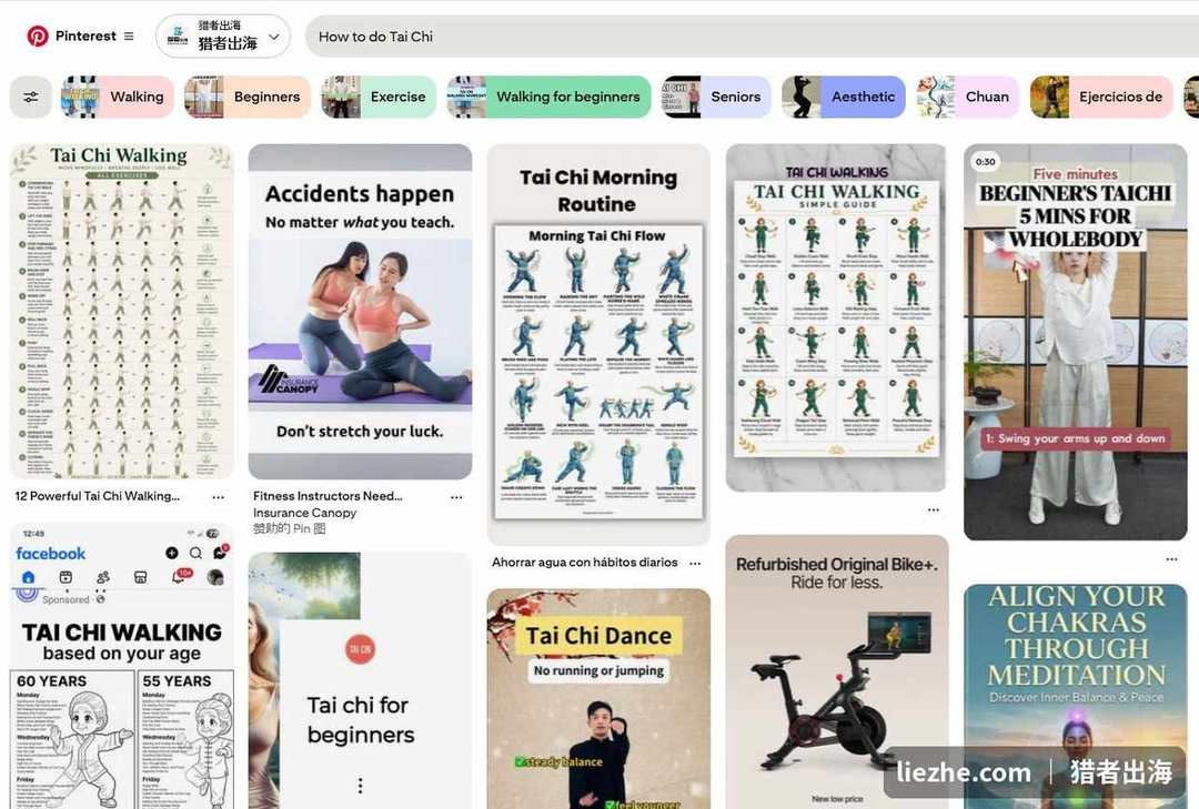 Pinterest搜索How to do Tai Chi结果,满屏太极图解适合引流