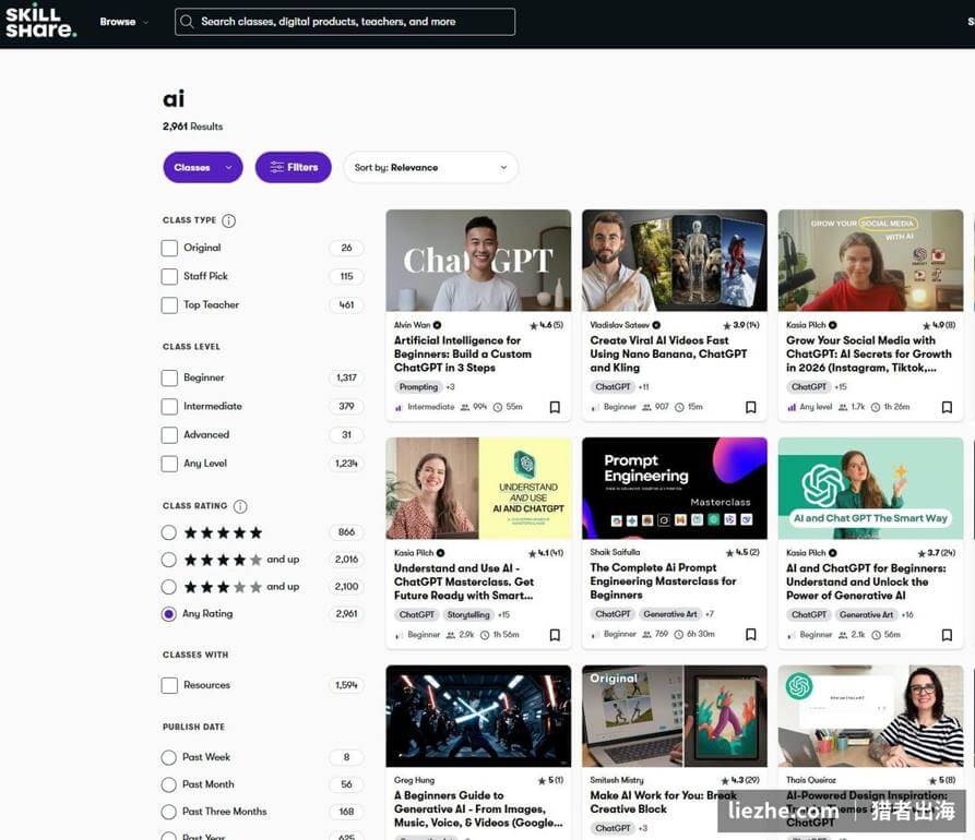 Skillshare上AI主题课程搜索结果：近三千门课，ChatGPT、AI工具类课程很热门