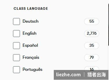 Skillshare课程语言筛选：只有英语、德语、西班牙语、法语、葡萄牙语，没有中文