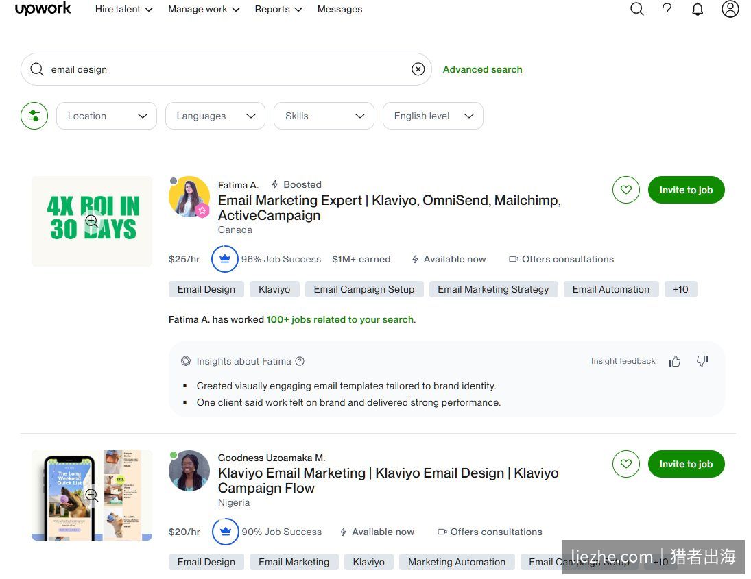 Upwork搜索email design结果,按小时20-25美金计费