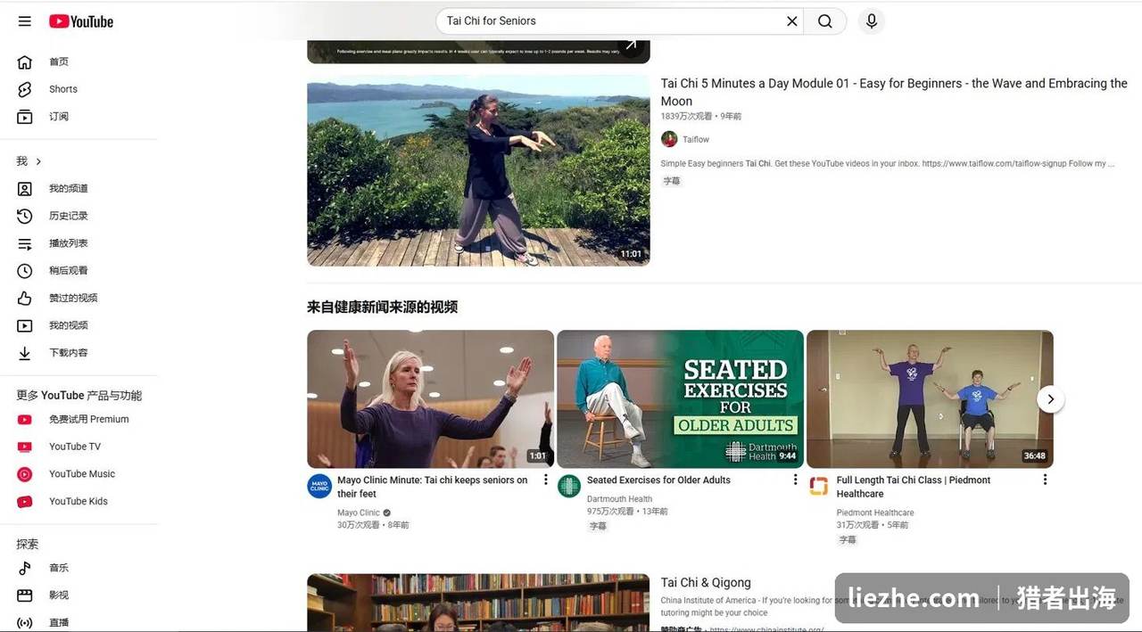 YouTube搜索Tai Chi for Seniors结果,验证细分需求与竞争