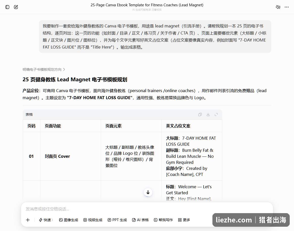 AI根据提示词生成25页健身教练电子书模板的逐页结构规划表，含页面功能、元素和英文占位文案