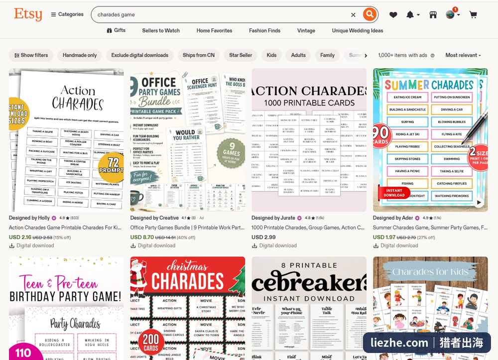 Etsy搜索charades game的结果页,多款你画我猜卡数字下载产品,价格2-9美金、评价数百到上千条,含儿童版夏日版圣诞版