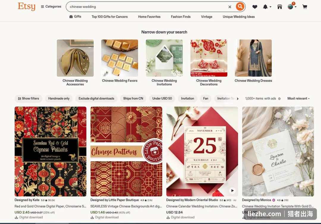 Etsy搜索chinese wedding结果页，中式请柬、装饰、旗袍上万个商品