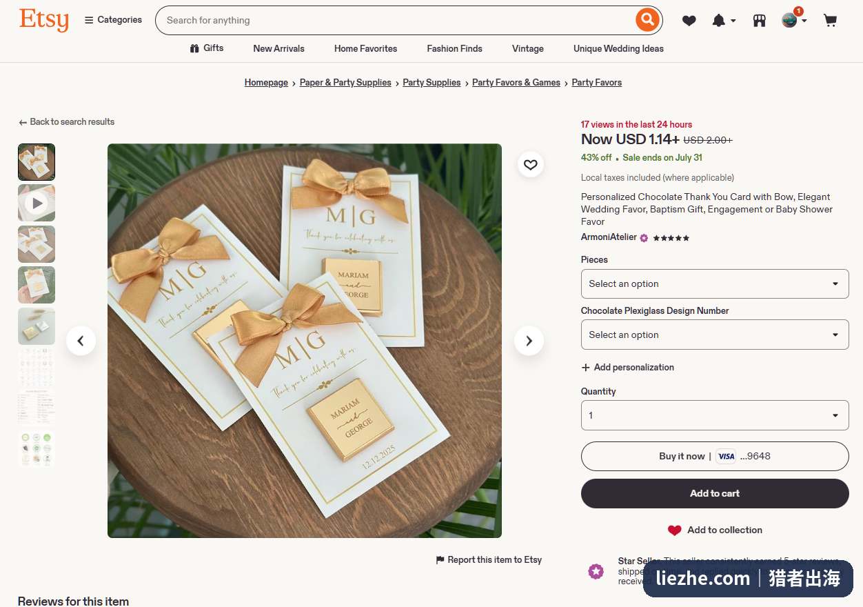 Etsy上一款个性化巧克力感谢卡,1.14美金起,Star Seller,用于婚礼和迎婴派对答谢