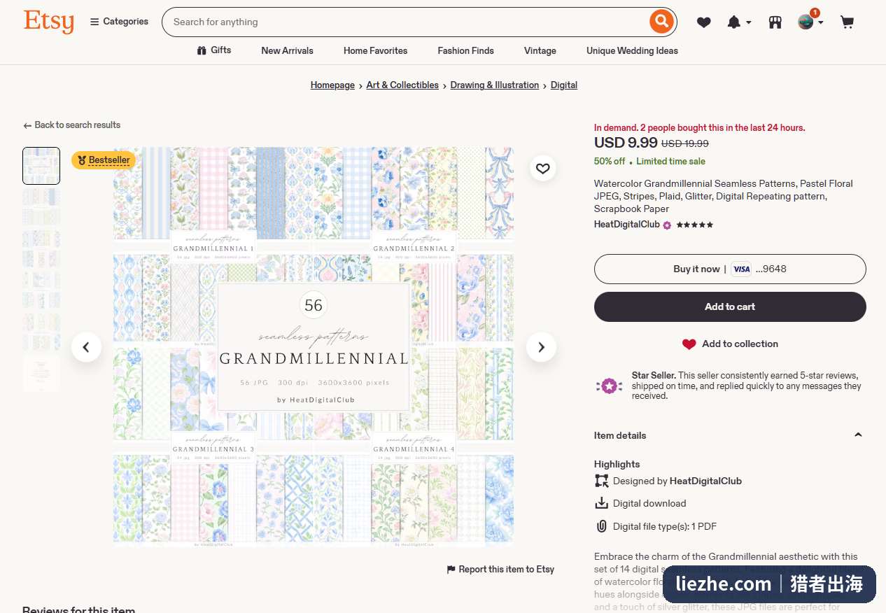 Etsy上一款标着Bestseller的数字纹样纸包,56张无缝拼贴纸卖9.99美金