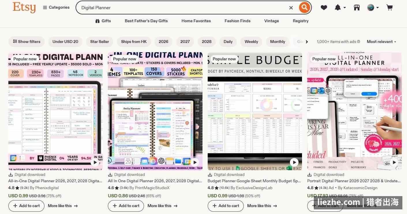 Etsy上Digital Planner数字计划表品类的热卖产品,销量数千份