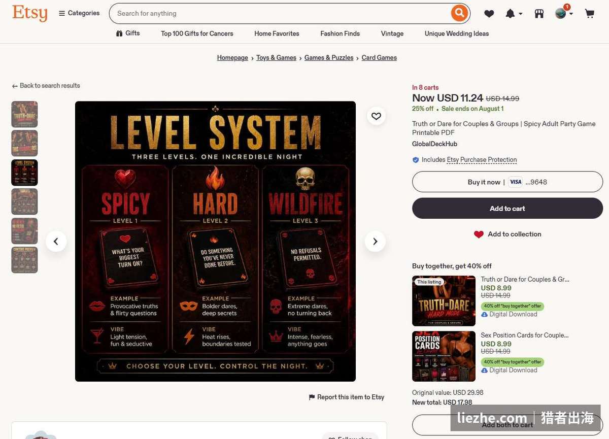 Etsy上一款可打印卡牌游戏，采用三级难度分级系统设计，售价11.24美元