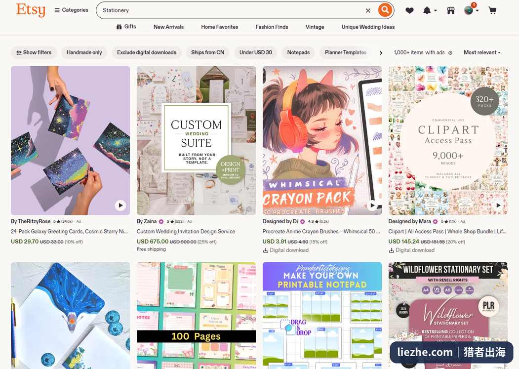 Etsy搜索Stationery的结果页面,一千多件相关数字信纸和纸品商品