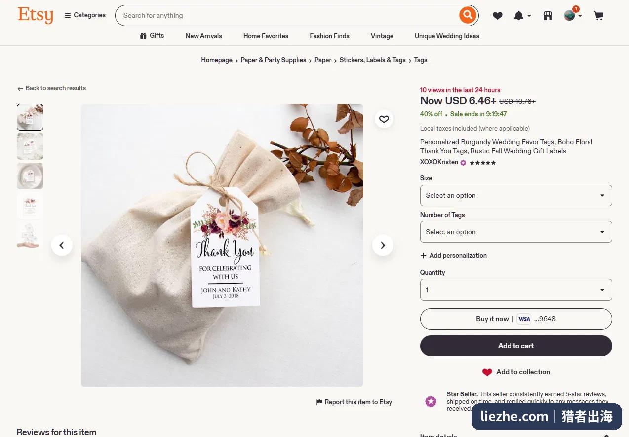 Etsy上勃艮第酒红色婚礼伴手礼标签,6.46美金起,挂在婚礼小礼袋上的Thank You花卉标签