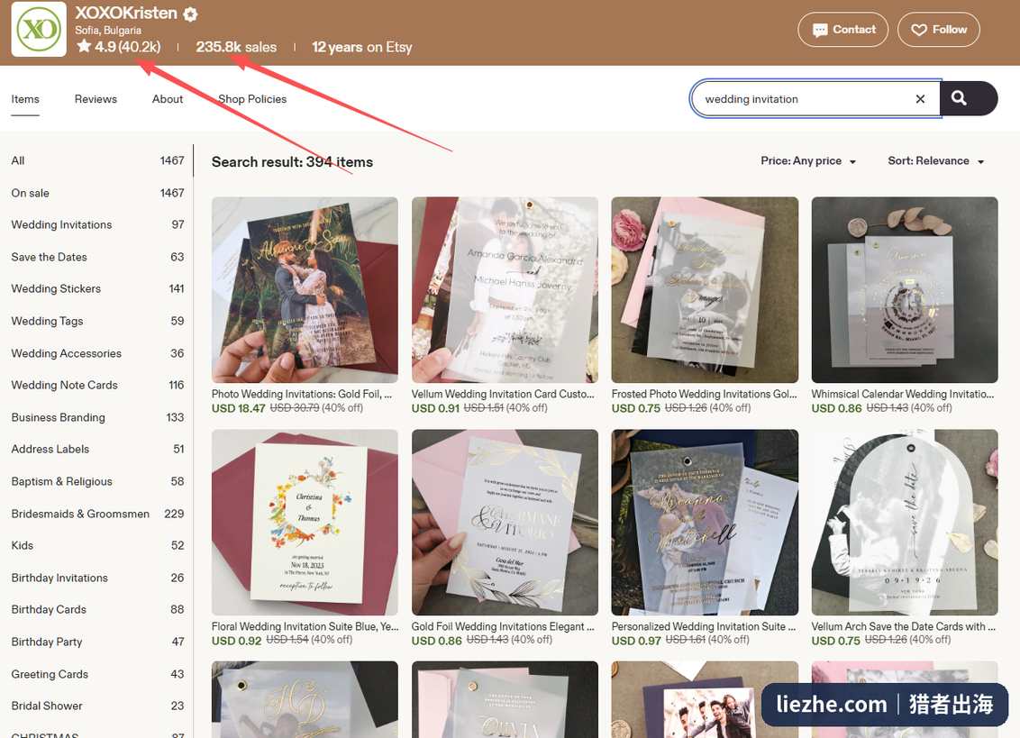 Etsy婚礼纸品店XOXOKristen,4.9分四万评价,累计23.5万单销量,开店12年
