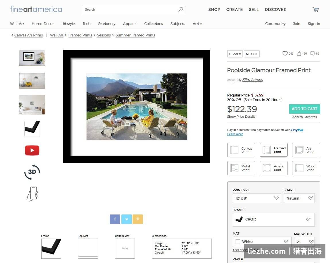 Fine Art America装裱画商品详情页，售价122美金支持PayPal分期