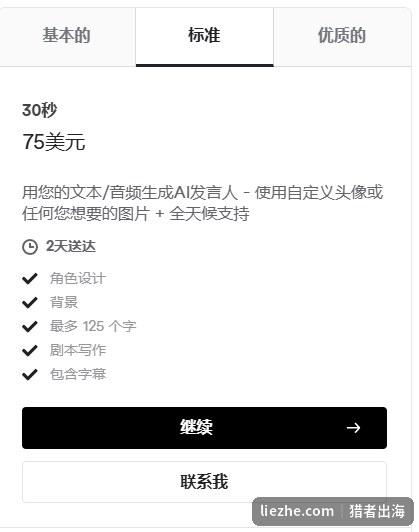 Fiverr标准档定价30秒75美元,可使用任意自定义图片