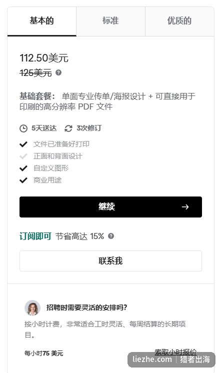 Fiverr海报设计服务的基础套餐，112.5美元，包含单面专业传单海报设计和可印刷的高分辨率PDF文件，5天送达3次修订