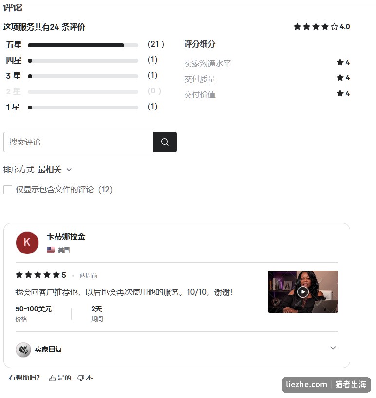 Fiverr买家评价页面,24条评价21个五星,成交价50-100美元