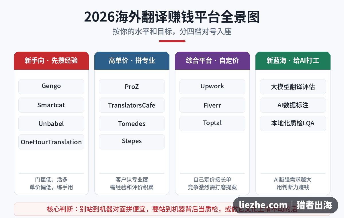 2026海外翻译赚钱平台全景图，按新手向、高单价、综合平台、新蓝海四档分类