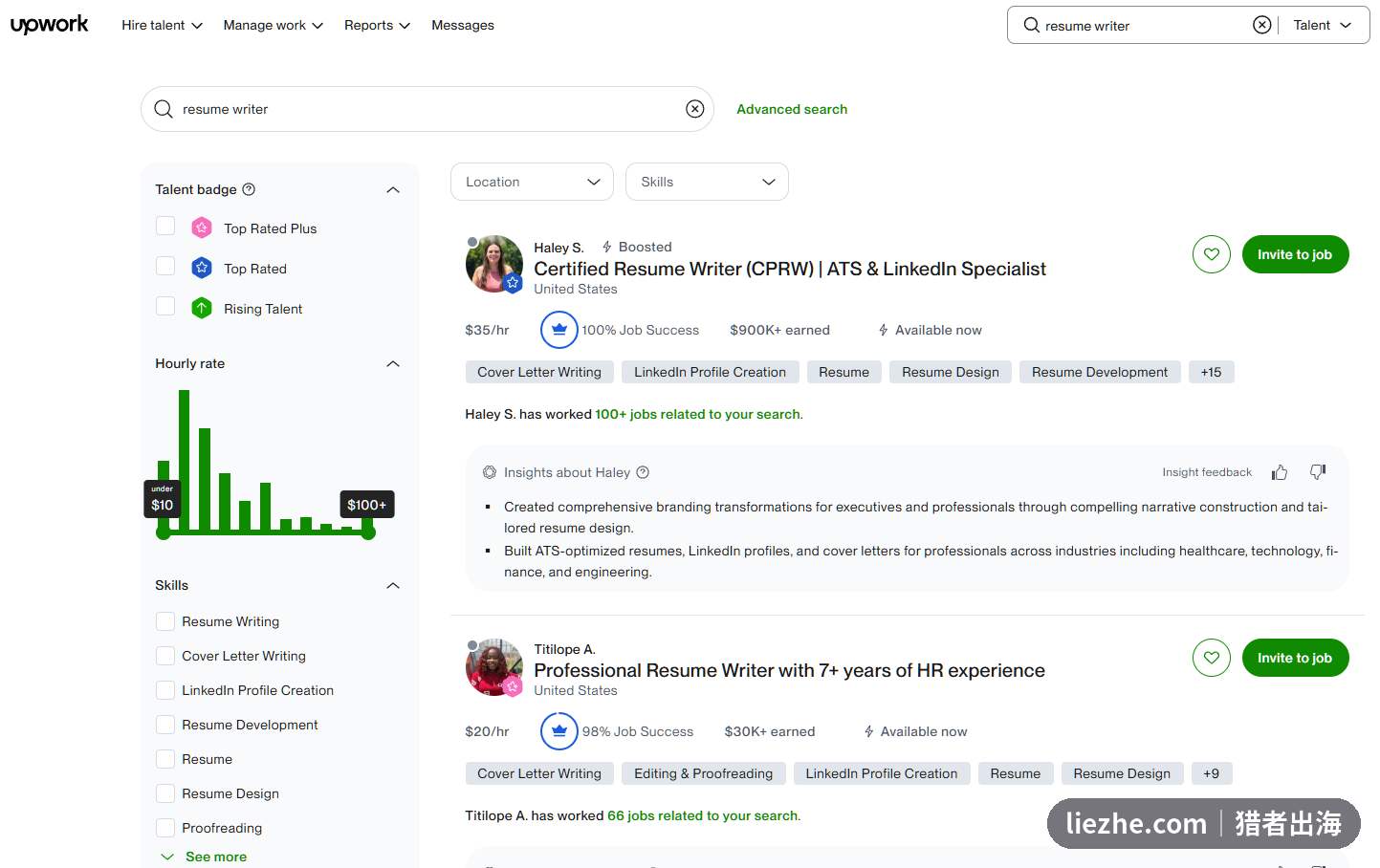 Upwork搜索resume writer结果页，头部简历写手时薪35美金累计收入超90万美金
