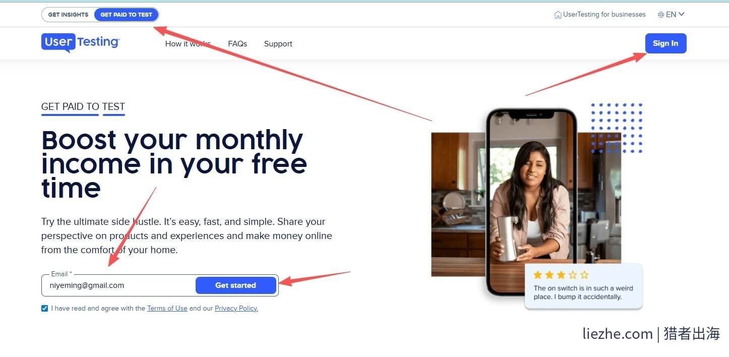 UserTesting官网Get Paid to Test测试员注册入口页面